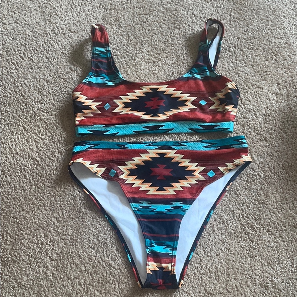 Tribal Print Two-Piece Swimsuit size large women bikini high waisted swim suit